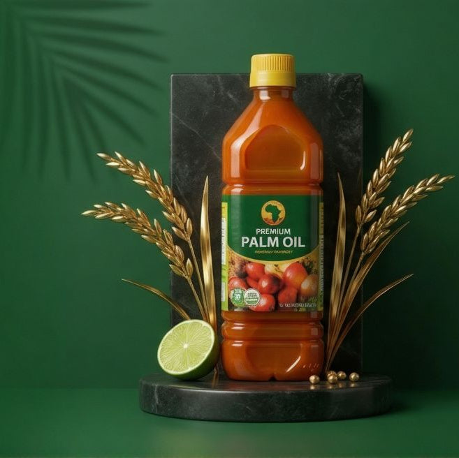 A bottle of palm oil stands on a black marble-style base with decorative wheat stalks and a lime slice against a dark green background with leaf shadows.